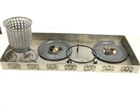 Large Metal Tray w Plates, Candle Holder +