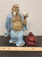 Shiwan Mud Man Holding Fruit. 7in, Small Buddha