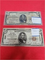 Pair of Antique $5 Dollar Bills 1929 Indiana