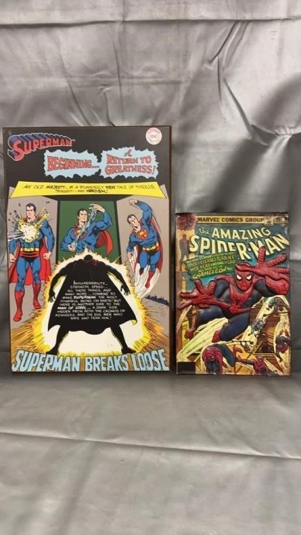 Superman particle board and Spider-man tin