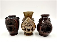 Three Japanese Carved Scene Vases