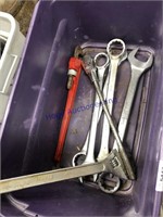 Purple tote--large wrenches, ratchet, pipe wrench