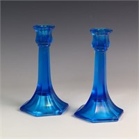 Vintage blue iridescent pair of candlesticks