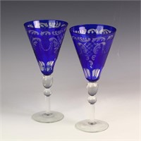 Two antique etched Victorian cobalt blue goblets