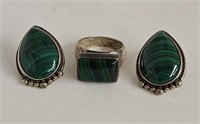 Sterling Silver & Malachite Ring & Earrings