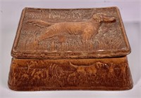 Faux wood cigarette box, hunting dogs casting,