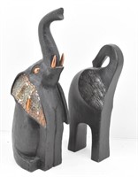 (2) Hand Carved Decorated Wooden Elephants
