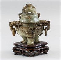 Chinese Green Jade Carved Dragon Censer & Cup w/st