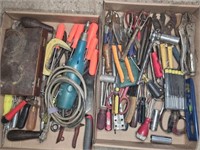 BOX OF PLIERS, VISE GRIPS, WRENCHES, DREMEL TOOL