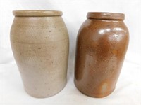 2 antique salt glazed crock canning jars, 8.5"