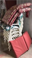 4 METAL OUTDOOR CHAIRS W/ ASST CUSHIONS