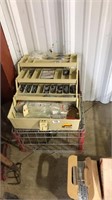 TACKLE BOX W/ WTS & ASST FISHING GEAR &METAL CRATE