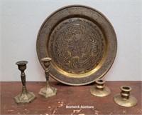 Extremely heavy brass tray and 2pr brass