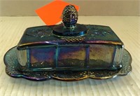 Blue Carnival glass butter dish