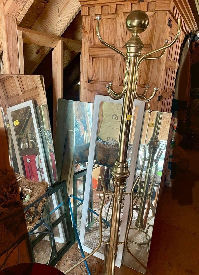 Assorted tall mirrors and brass coat rack