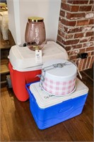 (2) Coolers, Plastic Beverage Dispenser, Cake