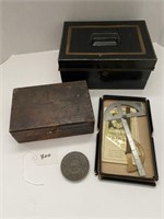 Metal Deed Box, Drafting Tools, Early Wooden Box