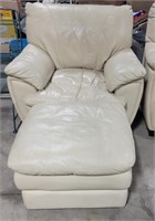 CREAM-COLORED LEATHER CHAIR W/ STOOL
