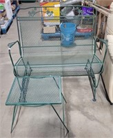 GREEN WROUGHT IRON PATIO ROCKING BENCH & END TABLE