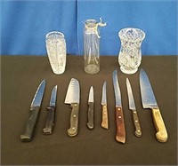 Box Kitchen Knives, 2 Lead Glass Vases