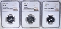 1960, 62 & 63 WASHINGTON QUARTERS, NGC PF-68