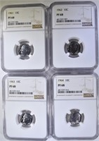 1961, 62, 63 & 64 ROOSEVELT DIMES, NGC PF-68