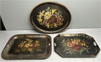 3 Toleware Painted Tin Trays Lot