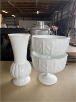 2 Milk Glass Pedestals and 1 Milk Glass Vase