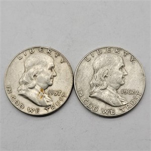 1957 D & 1962 D  FRANKLIN SILVER HALF DOLLARS