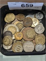 TRAY OF FOREIGN COINS
