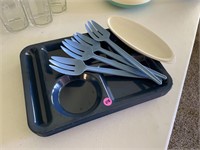 plastic trays and serving forks