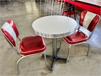 24" Round Retro Table & (2)Red & White Chairs,