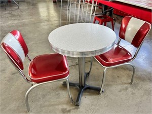 24" Round Retro Table & (2)Red & White Chairs,