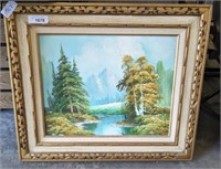 SIGNED TREES BY STREAM SCENE ON CANVAS