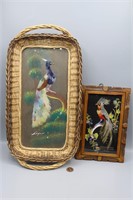 Pair Signed Vtg. Feathercraft Wicker Tray & Art