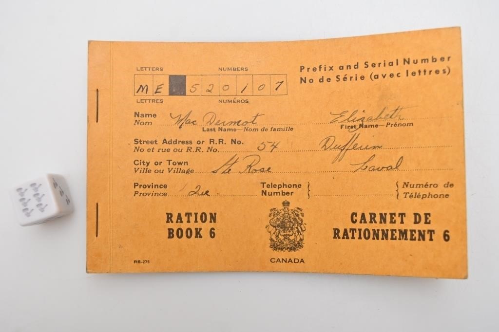 Carnet de rations WWII, Canada, avec beaucoup