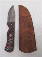 Fixed Damascus 3.5" blade knife with leather