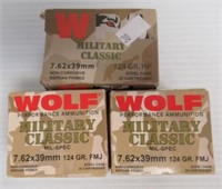 (3) Boxes Wolf 7.62 x 39 mm 124 Grain Rounds.