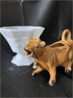 Vintage Glazed Brown Cow Creamer & Milk Glass