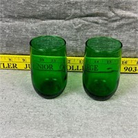 2 Vtg Anchor Hocking Green Roly Poly Juice Glasses