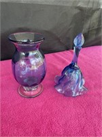 Vintage Fenton blue bell and small art glass vase