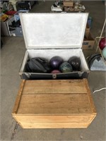 Nice Wooden Chest, Vintage Chest & Bowling Balls.