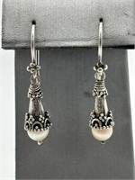 Sterling Silver Bali Style Genuine Pearl Earrings