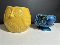 Vintage Ceramic Yellow Owl container Inarco blue