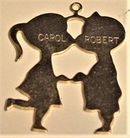 Goldtone Pendant Girl Kissing Boy Names on Each