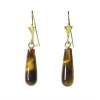 14K Yellow gold lever back earrings with tiger eye