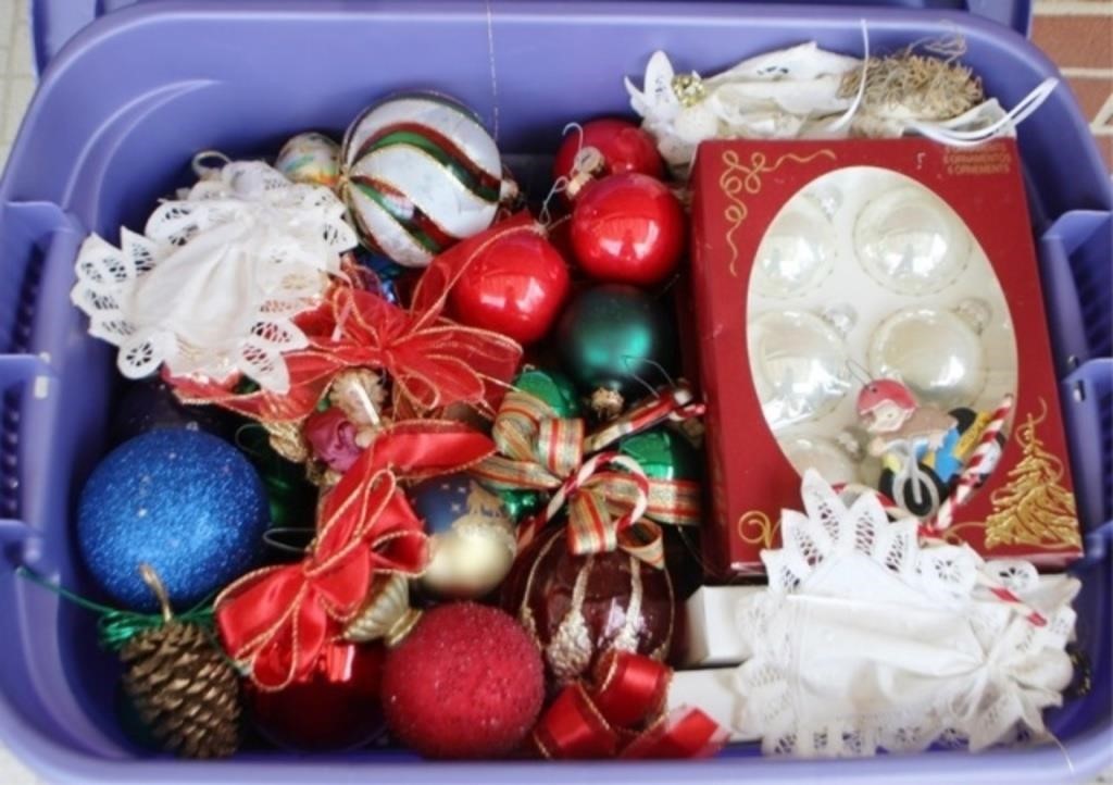 Plastic Tote Full of Christmas Ornaments