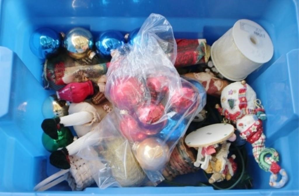 Plastic Tote Full of Christmas Ornaments