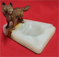 Antique  Metal Fox Figurine On Marble Ashtray