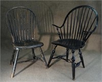 2 WINDSOR CHAIRS, CONTINOUS ARM 13 SPINDLE W/ ARM